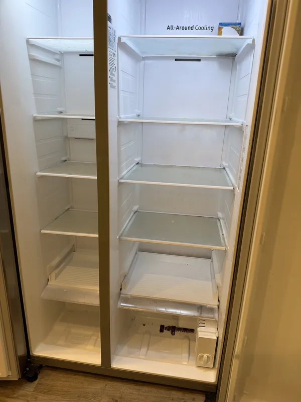 Empty side-by-side refrigerator with clean glass shelves and door bins.